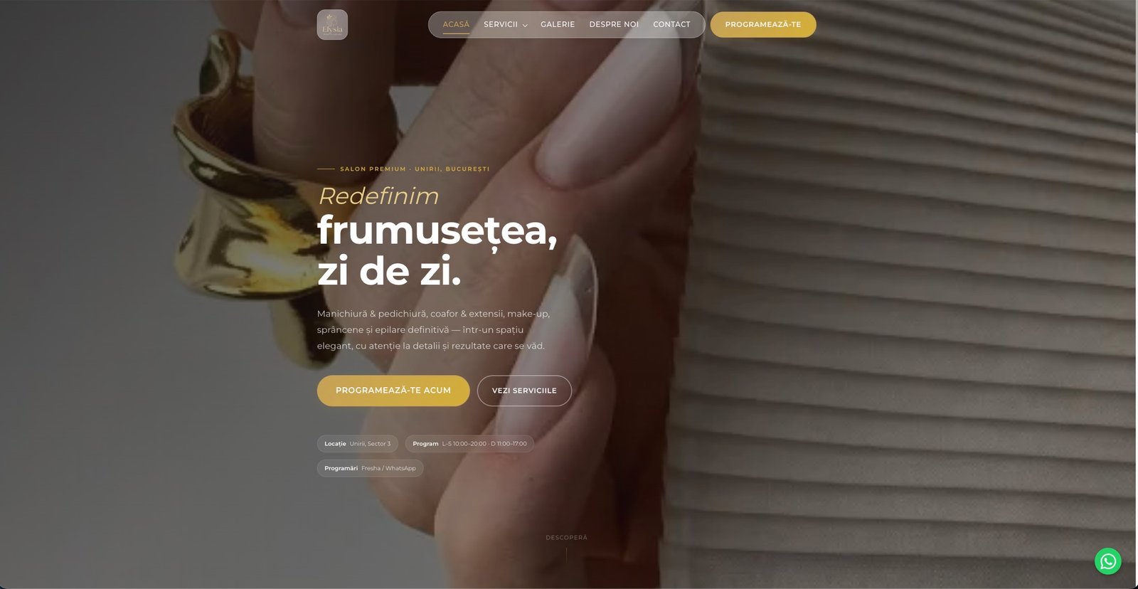 Homepage Elysia Beauty Lounge — hero elegant cu manichiură și tipografie serif