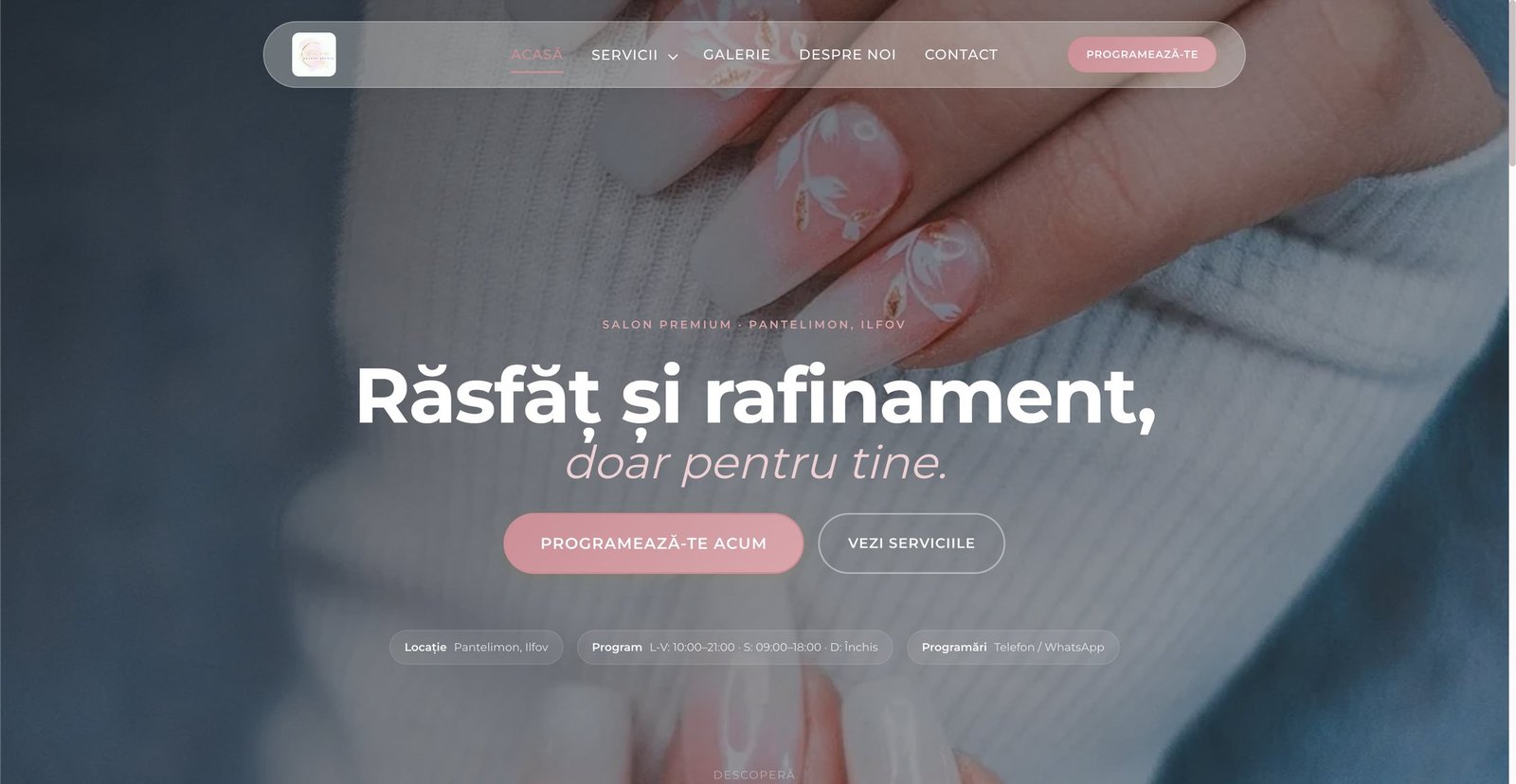 Homepage Emira V Beauty Studio — hero cu manichiură și tipografie roz