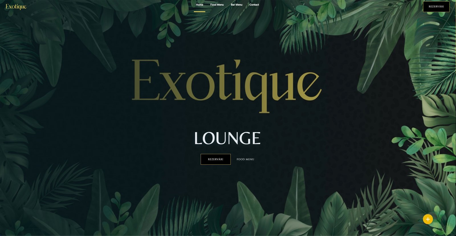 Homepage Exotique Lounge — hero dark cu frunze tropicale și logo auriu
