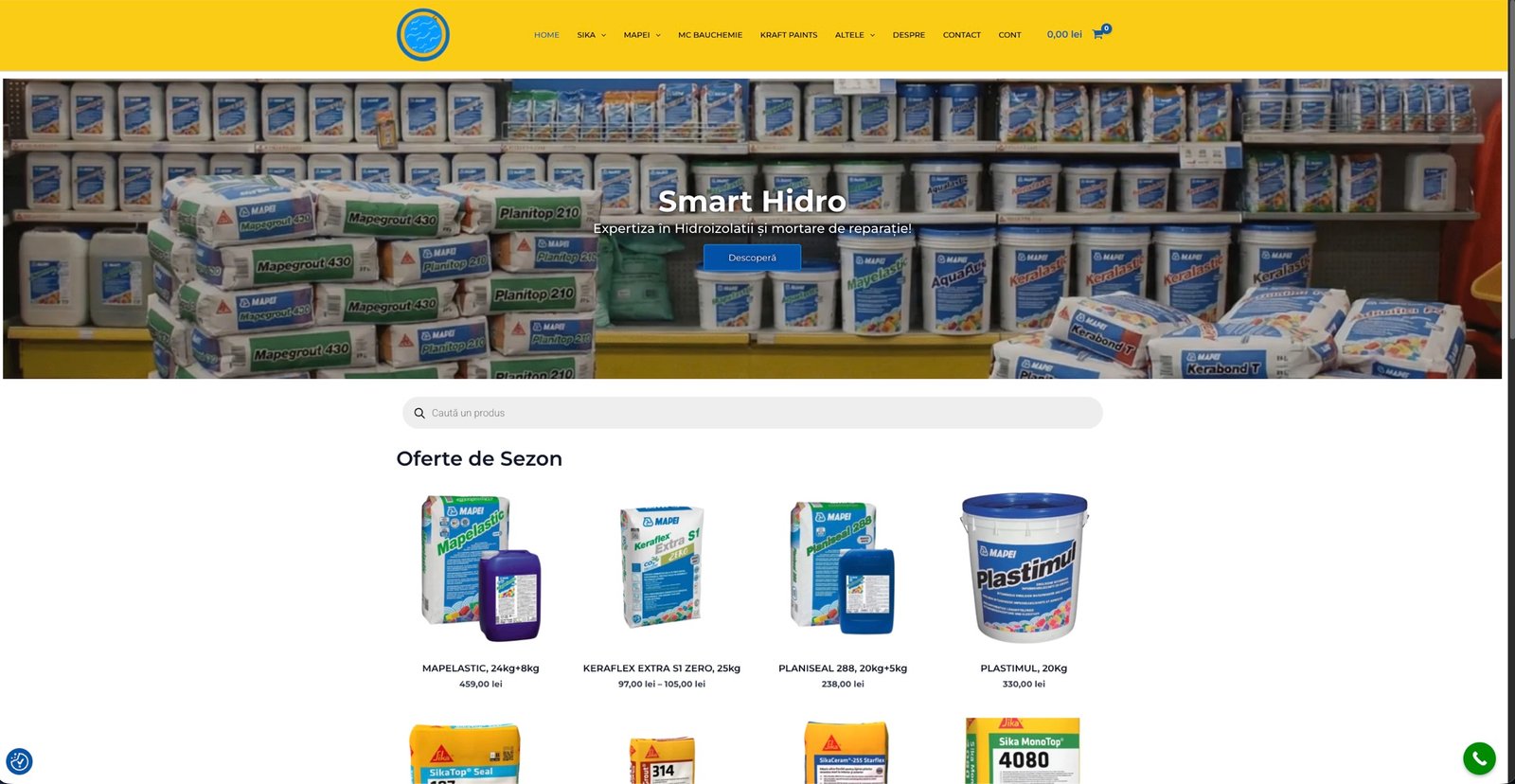 Homepage Smart Hidro — magazin online cu produse Mapei, Sika și MC Bauchemie